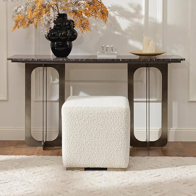 KINWELL 18.5" Wide Modern Square Boucle Upholstered Ottoman with Solid Wood Legs, Cube Ottoman Multi-Functional Sofa Footrest, Extra Seating for Living Room, Bedroom, Fully Assembled (White)