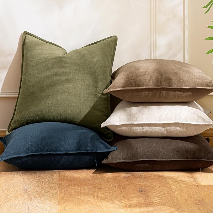 20x20 Inch Set of 2 Decorative Linen Solid Throw Pillow Covers Boho Accent Farmhouse Pillowcases Modern Netural Spring Home Decor for Couch Sofa Living Room Bed,Olive Green