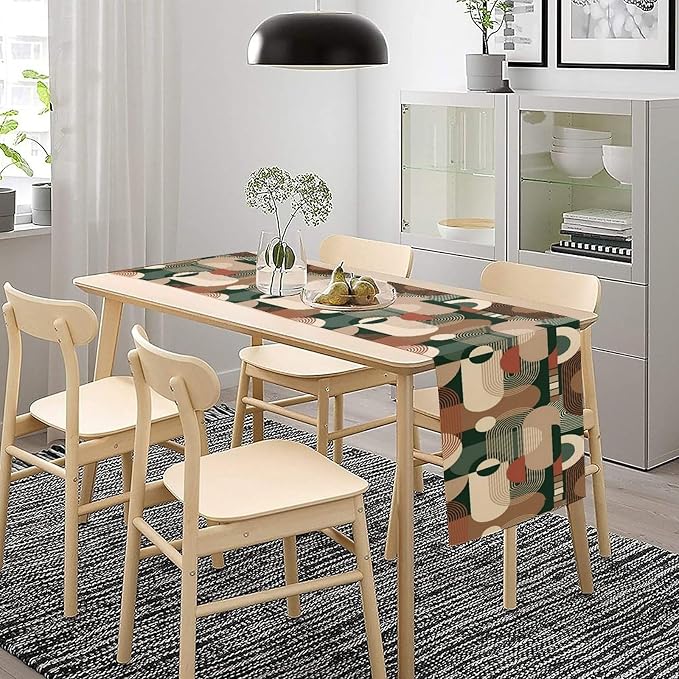 Boho Geometric Table Runner, Retro Mid Century Modern Sun Abstract Shapes Table Runner for Kitchen Dining Indoor Outdoor Party Home Decor, 13x36 Inch