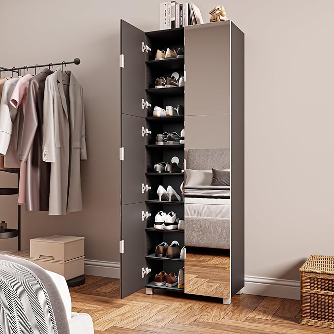 72''Mirror Shoe Cabinet with 6 Full-Length Mirrored Doors, Mirrored Shoe Storage Cabinet Holds 32 Pairs, Tall Shoe Cabinet with Doors and Vented Back for Entryway Hallway Apartment (Classic Black)