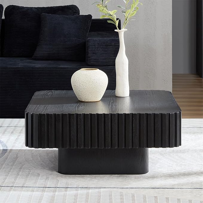 LKTART Square Coffee Table for Living Room, Accent Fluted Coffee Table with Storage, Modern Solid Wood Veneered Large Center Tea Table for Small Space Apartment (35.4''D×16''H-Black)