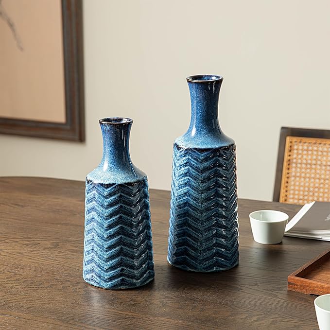 Glitzhome Blue Ceramic Vase Set, Modern Blue Vases for Home Decor, Farmhouse Vase for Centerpieces, Living Room, Mantel Centerpiece Shelf Decoration, Set of 2