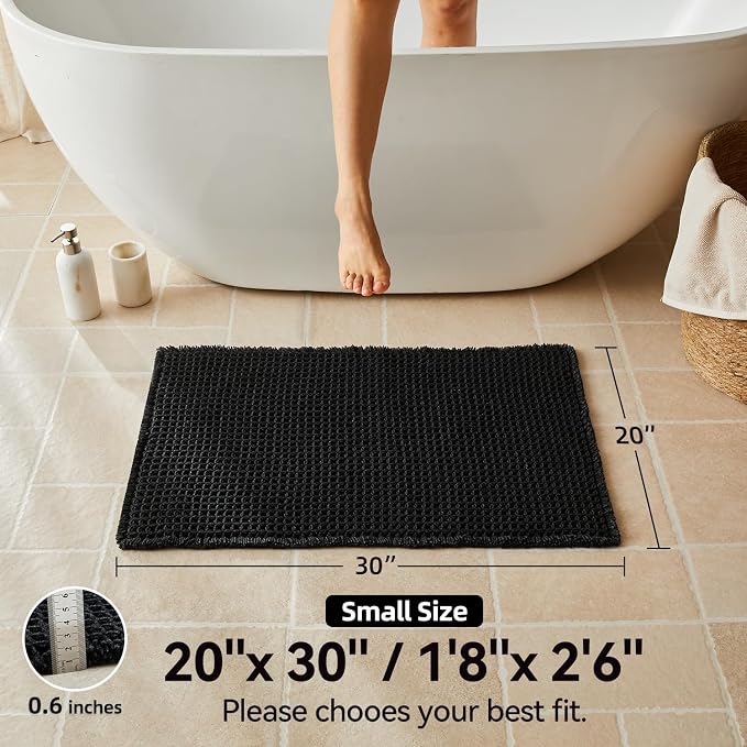 Triohero Waffle Bath Mat, Boho Bathroom Rugs Non Slip Washable, Ultra Soft Super Absorbent Quick Dry Farmhouse Bathroom Decor, 20" x 30", Black