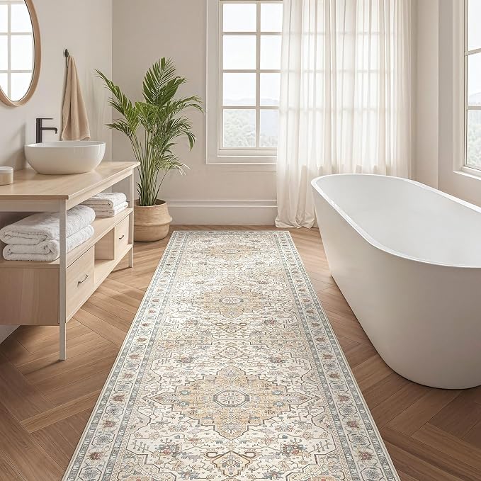 Runner Rug Kitchen Washable Rugs: 3x10 Non-Slip Boho Soft Vintage Stain Resistant Indoor Floor Neutral Farmhouse Throw Carpet for Hallway Bathroom Laundry Room Entryway Bedroom- Cream