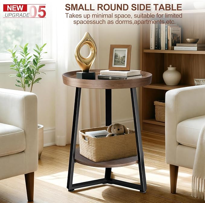 Round End Table Set of 2, 2-Tier Tray Top Side Table Decor Table, Ultra Stable Coffee End Table/Nightstand, Modern Farmhouse Couch Table for Living Room, Bedroom, Bedside Stand or Small Spaces, Walnut