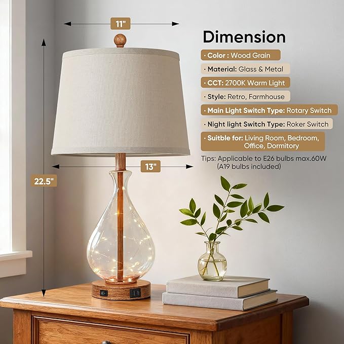 QiMH Farmhouse Table Lamps Set of 2 with Night Light, Mid Century Modern Bedside Lamps for Living Room, Glass Nightstand Lamp with USB A+C Ports, Rustic Vintage Table Lamp for Bedroom, Bulbs Included