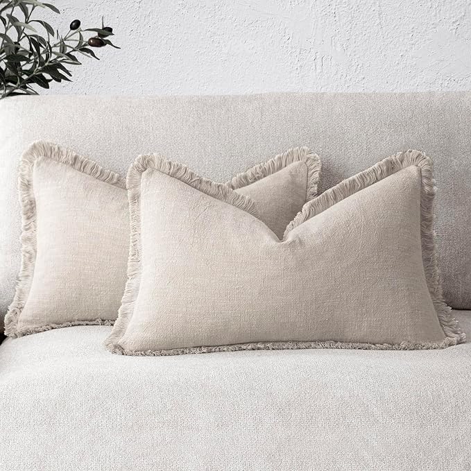 Foindtower Set of 2 Decorative Linen Fringe Lumbar Throw Pillow Covers Boho Farmhouse Cushion Cover with Tassels Cozy Accent Pillowcase for Sofa Couch Living Room Home Decor,12×20 Inch,Natural Beige