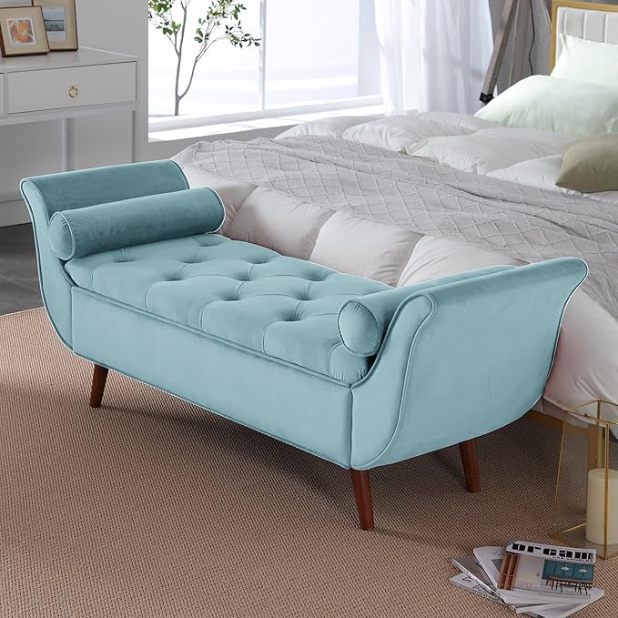 65" Velvet Storage Bench, Vintage Bed Bench with Storage Upholstered Rolled Armed Button Tufted Entryway Bench for Bedroom End of Bed, Living Room, Entryway, Hallway, Dressing Room (Blue)