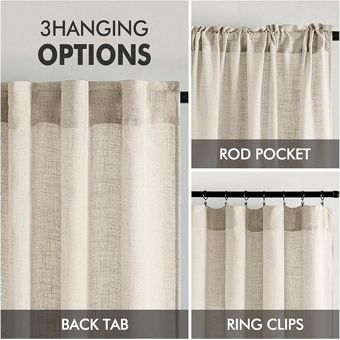 MIULEE Cream Linen Curtains 108 Inches Long 2 Panels for Bedroom Living Room, Soft Linen Textured Window Drapes Semi Sheer Light Filtering Back Tab Rod Pocket Farmhouse Modern Burlap Look Decor