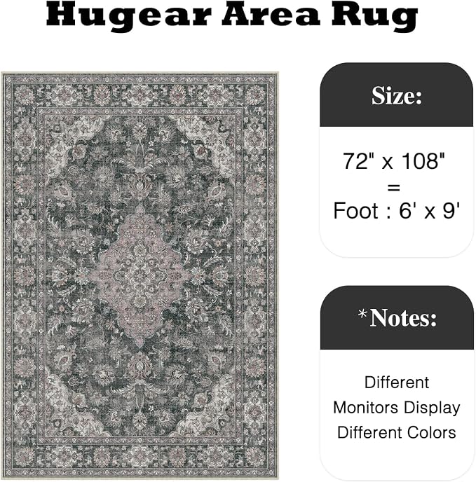 HUGEAR Retro Black Area Rug 6x9 Machine Washable Living Room Rugs Distressed Vintage Floral Low Pile Carpet Bedroom Office Dining Room Laundry Room Non Slip Soft Lightweight