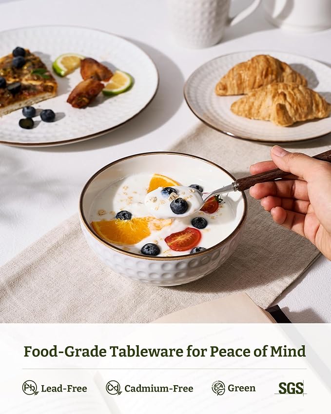 Famiware Eden Embossed Plates and Bowls Sets, Stoneware Dinnerware with Gold Trim, 18-Piece Luxury Dishes for 6, Everyday & Formal Use, Chip/Scratch Resistant, Microwave/Dishwasher Safe, White Circle