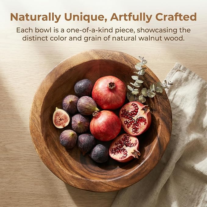 ZENFUN Wooden Decorative Bowl, Wood Round Serving Bowl, Walnut Tray Dish Kitchen Dining for Fruits, 9.4" Diameter x 2.5" Height, Seamless