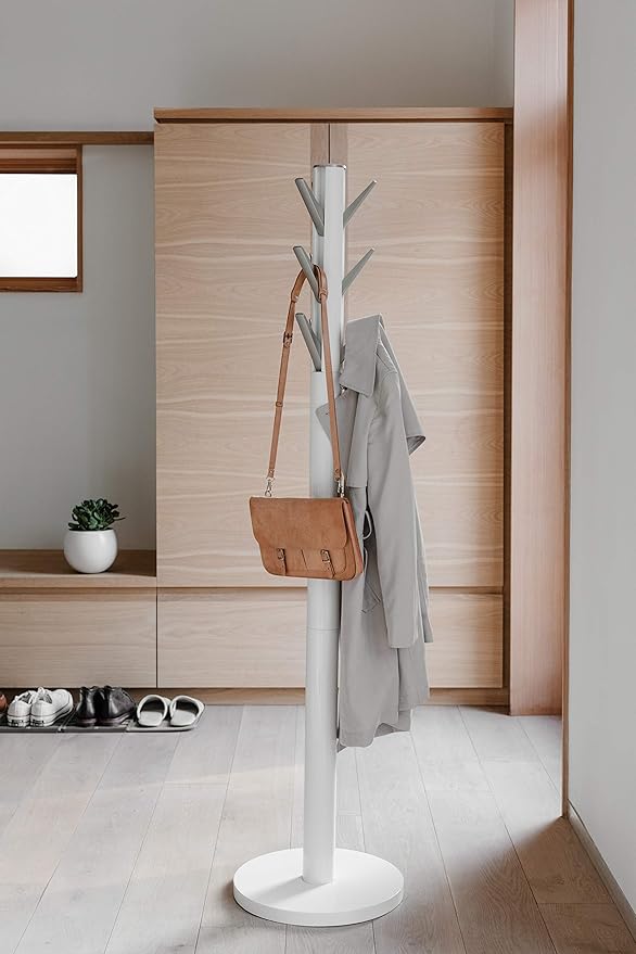 Umbra Flapper Coat Rack, Clothing Hanger, Umbrella Holder, and Hat Organizer, Great for Entryway, White/Nickel
