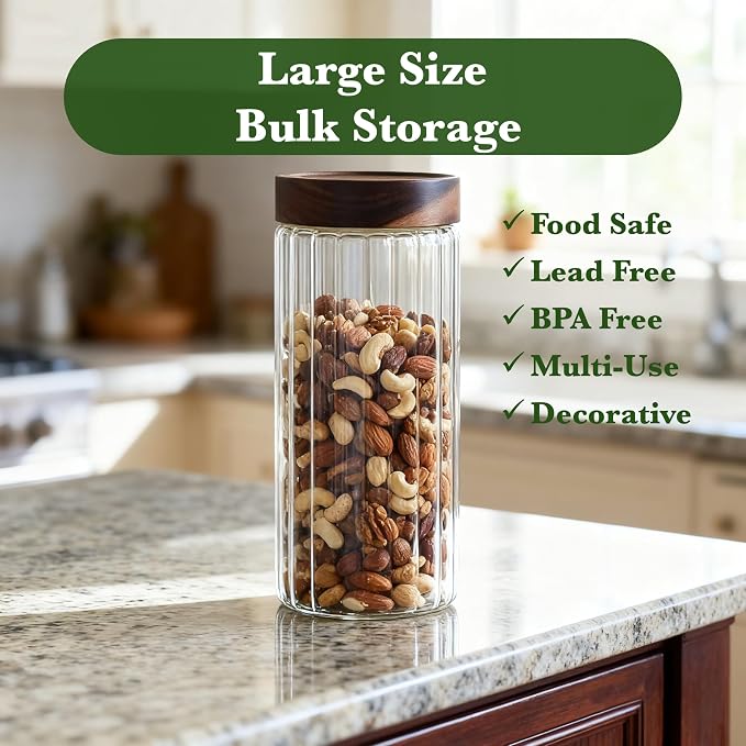 Decorative Borosilicate Glass Jar with Screw Top Airtight Wooden Lid, 54 oz/1600ml Leak Resistant Food Storage Canister, Wide Mouth Container for Cereal Coffee Tea Cookie Candy Coffee Pods Pet Treat