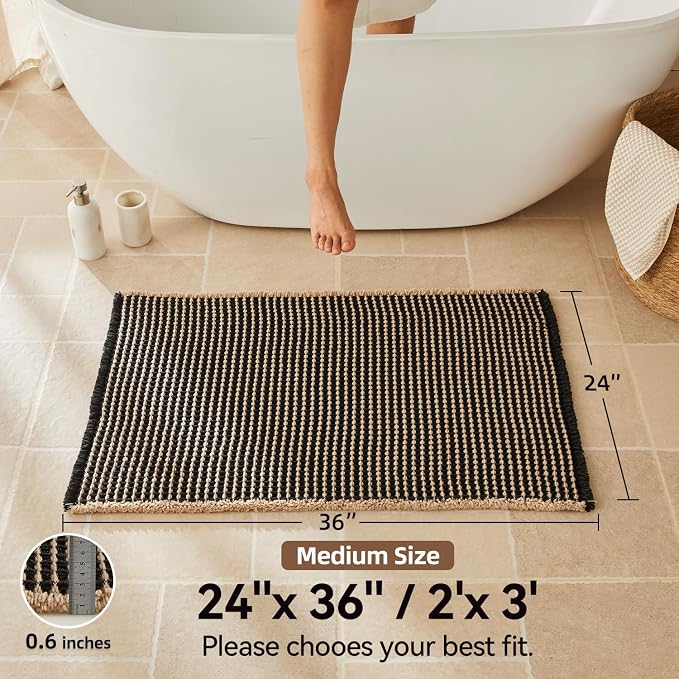Triohero Waffle Bath Mat, Boho Bathroom Rugs Non Slip Washable, Ultra Soft Super Absorbent Quick Dry Farmhouse Bathroom Decor, 24" x 36", Black & Khaki