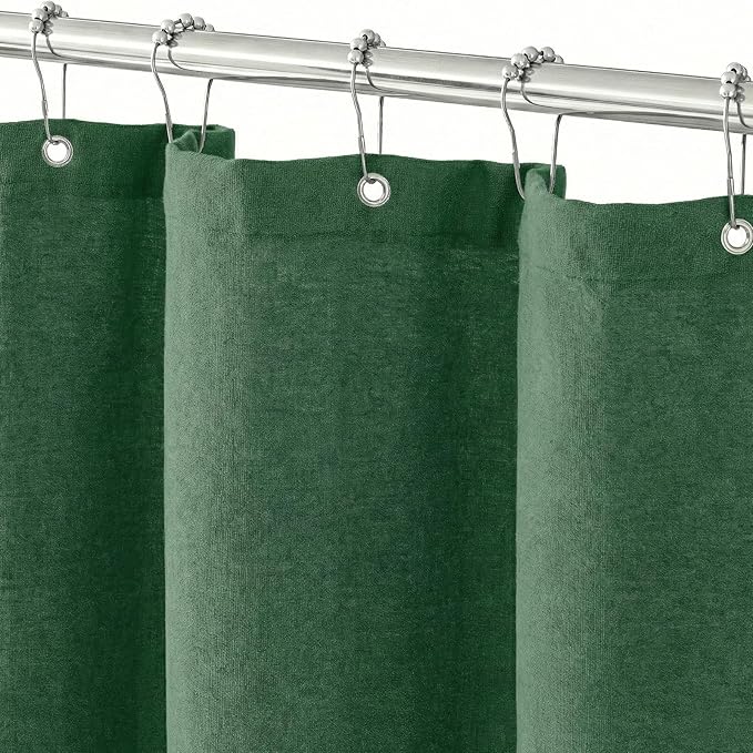 Seasonwood Extra Long Linen Shower Curtain Neutral Farmhouse Linen Shower Curtains for Bathroom Boho Bathroom Decor with 12 Sturdy Stainless Steel Sliding Hangers(Dark Green,72x84 Inches)