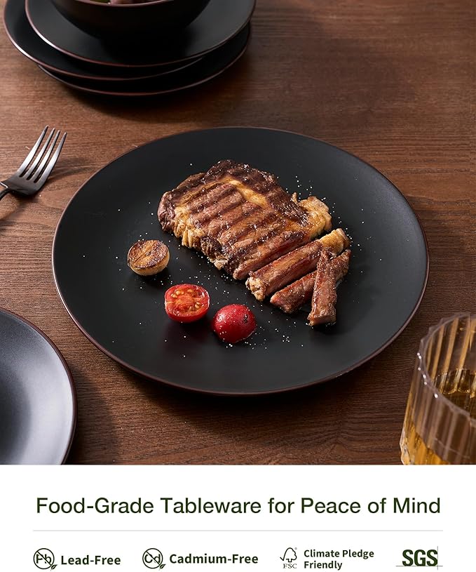 Famiware Venus Plates and Bowls Sets with Trim, 24 Pieces Stoneware Chip Resistant Dinnerware Dishes for 8, Matte Black - Microwave/Dishwasher Safe, Modern Minimalist, for Everyday Meals/Formal Dining