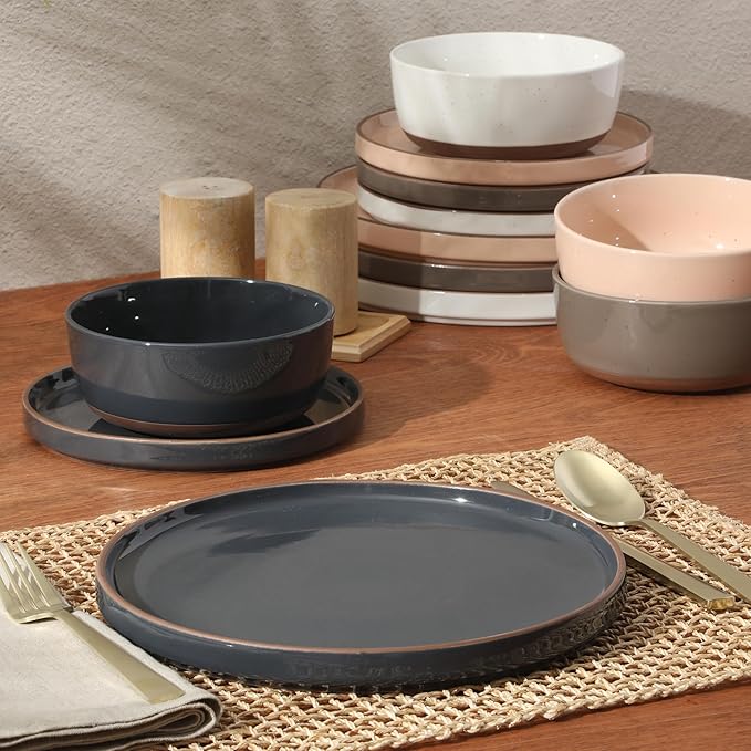 Gibson Elite Northrock Stoneware Dinnerware Set, 12-Piece Service for 4 Plates and Bowls Set – Assorted Colors Blue, White, Pink, Gray Dishes with Hand-Painted Terracotta Base