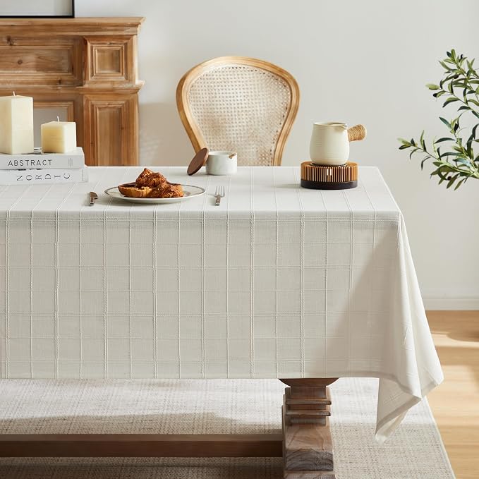 ZeeMart Linen Checked Table Cloth 52x52 Inches, Farmhouse Style Plaid Embroidered Off White Water Resistant Square Table Cover, Ivory