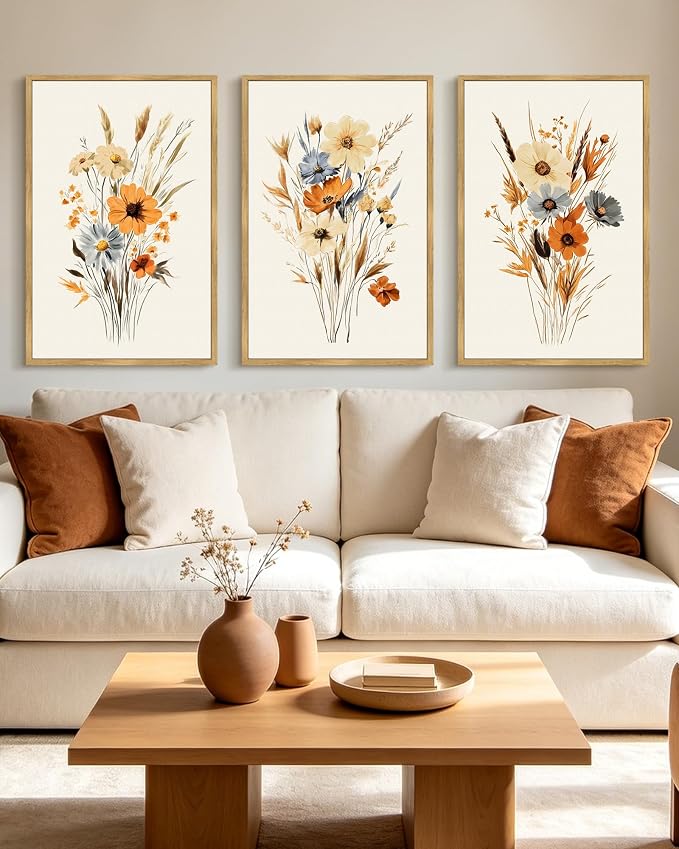 KUVIOKE Vintage Wildflower Bouquet Framed Wall Art Retro Flower Botanical Pictures Illustrations Colorful Floral Hanging Decor 24x36in (Natural Framed)