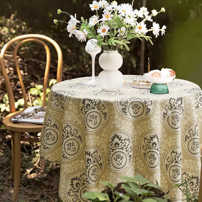 Retro Brown Printed Square Tablecloth: Floral Linen Farmhouse Table Cloth - Chocolate Damask Pattern on Burlap Textured Fabric Outdoor Table Cover for Kitchen,Dining,Party,Picnic Decor, 55x55 Inch