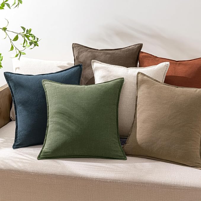 26x26 Inch Set of 2 Euro Sham Decorative Linen Solid Throw Pillow Covers Boho Accent Farmhouse Pillowcases Modern Netural Spring Home Decor for Bed Couch Sofa Living Room,Dark Olive Green