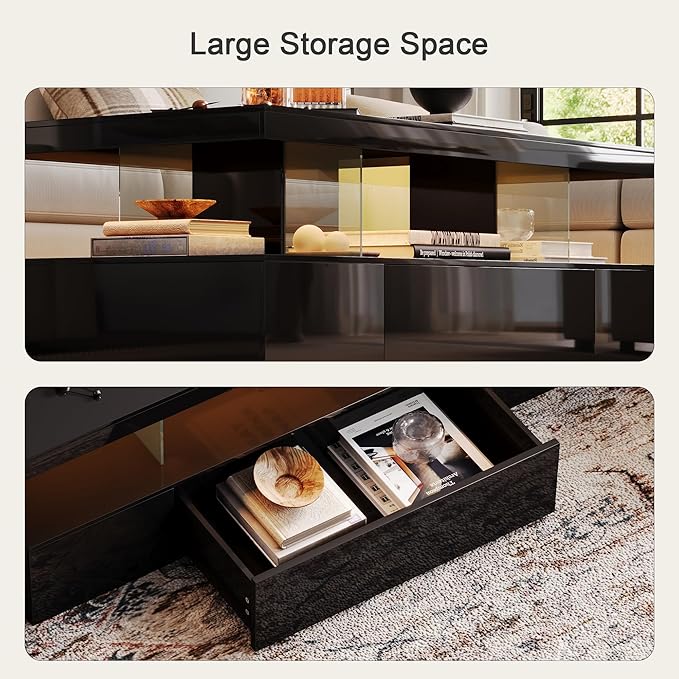 ChooChoo Modern LED Coffee Table, High Glossy Center Table with Drawer, Black Coffee Table with Storage for Living Room, Bedroom