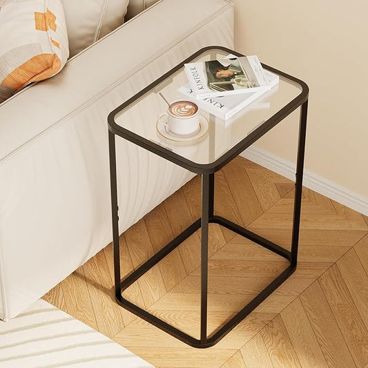 Garden 4 you Glass Side Table, Rectangle End Table with Metal Frame, Modern Bedside Table for Office, Bedroom, Living Room, Study, Small Spaces, Easy Assembly, 15.75 * 11.81 * 20.87 Inches, Black