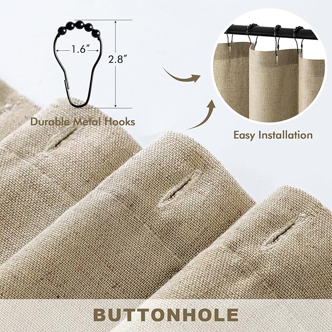 MIULEE Extra Long Linen Shower Curtain 90 Inches with 12 Metal Hooks Boho Farmhouse Heavy Buttonhole Fabric Shower Curtain Set Waterproof Thick Cloth Neutral Curtains for Bathroom W72*L90, Khaki