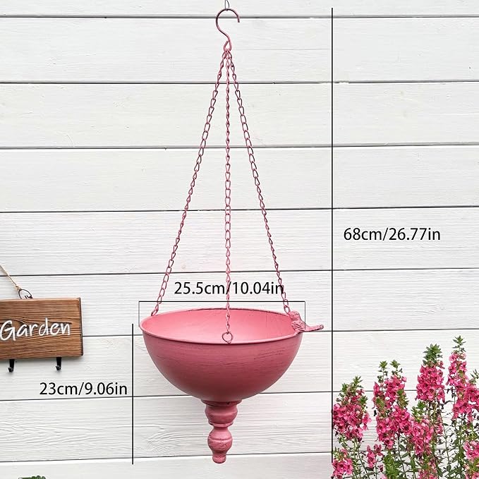 Vintage Metal Hanging Basket Planter with Bird Ornament,10 Inch Large Hanging Planter for Indoor Outdoor Home Garden Decor (Pink)