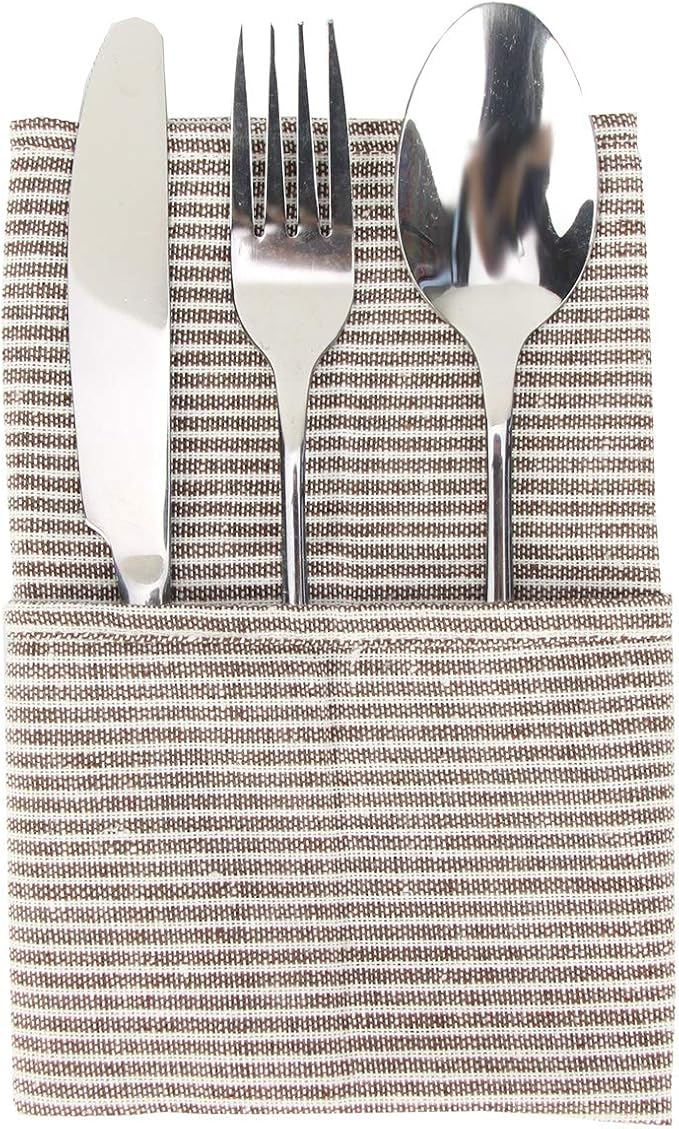 Narrow Striped Cotton Linen Blended Dinner Cloth Napkins - Set of 12 (40 x 30 cm) - for Events & Home Use (Brown)