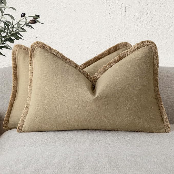 Foindtower Set of 2 Decorative Linen Fringe Throw Pillow Covers Farmhouse Cushion Cover with Tassels Lumbar Accent Pillowcase for Bed Couch Living Room Home Bedroom Decor,12×24 Inch,Light Khaki Taupe