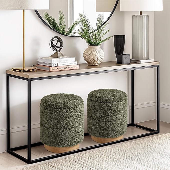 Get Set Style Round Ottoman with Storage, Modern Boucle Ottoman Upholstered Foot Stool with Wood Base, Vanity Stool Chair, Footrest Extra Seat for Living Room Bedroom Entryway (Olive Green)