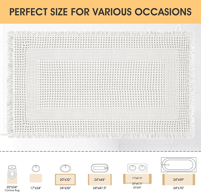 Upgrade Waffle Bath Mat, Boho Bathroom Rugs Absorbent Non Slip, Ultra Soft Bathroom Mat, Machine Washable Knit Bath Rugs with Tassels for Bathroom, Bedroom, Kitchen, Shower, Tub, 36"x24", White