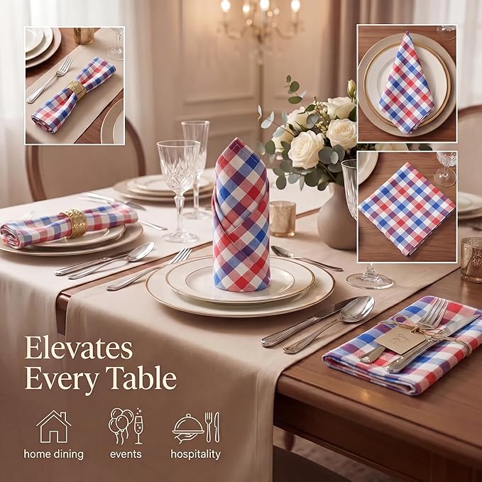 Urban Villa Cloth Napkins 100% Cotton Highly Absorbent Washable Durable Reusable Premium Dinner Napkins Ideal for Gifts for Mothers Day Hotel Farmhouse Parties - Red/Blue/White (20" x 20", Set of 12)