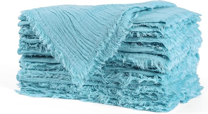FINGERCRAFT Cloth Napkins Natural Cotton Cheesecloth Set of 12 Premium Fringe Design Dinner Napkin Soft Durable Ideal for Dining Room, Restaurant, Weddings Events Washable Good Absorbency Aqua Marine