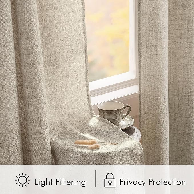 MIULEE Faux Linen Curtains 84 Inch Length 2 Panels Natural Burlywood Birch Semi Sheer Curtain with Back Tab Rod Pocket, Light Filtering Window Privacy Burlap Drapes for Living Room Bedroom 42W x 84L