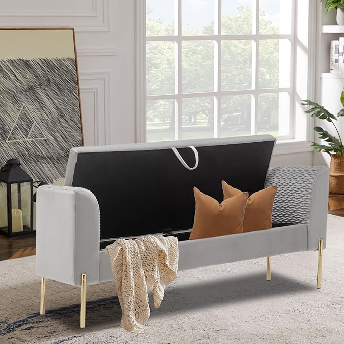 Alunaune Modern Velvet Storage Bedroom Bench End of Bed Bench, Upholstered Armed Entryway Bench Ottoman Settee for Living Room-Grey