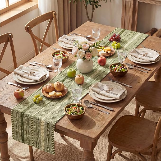 Artoid Mode Army Green Farmhouse Woven Table Runner, Seasonal Holiday Rustic Kitchen Dining Table Decoration for Home Party Decor 12x72 Inch