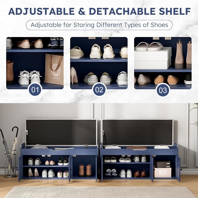 40" Storage Bench - Entryway Shoe Bench with 3 Doors and Top Storage Area, Multifunctional Entryway Bench with Lift Top Cushion, Shoe Storage Bench for Bedroom, Living Room, Navy Blue