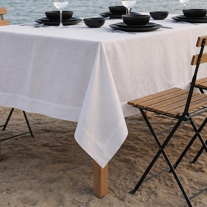 Solino Home White Linen Tablecloth 60 x 144 Inch - 100% Pure Linen Table Cloth for Rectangle Tables - Fete, Machine Washable Tablecloth for Summer, 4th of July
