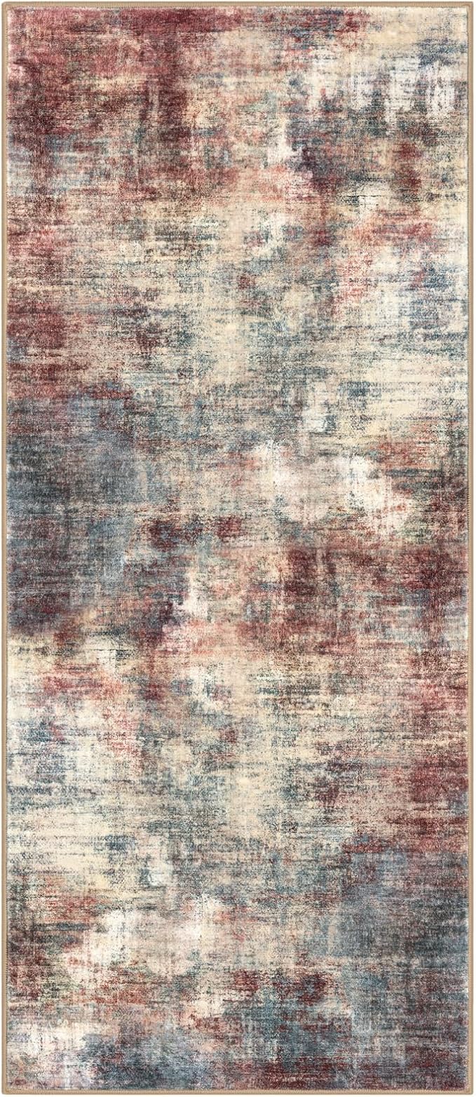 IOHOUZE Abstract Runner Rug 3x7 Ft Washable Runners for Hallways, Non Slip Kitchen Runner Printed Faux Wool Entryway Runner Indoor, Modern Abstract Floor Carpet for Hall Kitchen Bedroom, Red/Multi