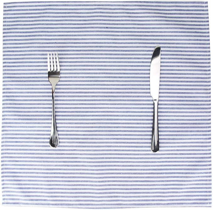 Plain Striped Cotton Linen Blended Dinner Cloth Napkins - Set of 12 (17 x 17 inches) - for Events & Home Use (Blue)