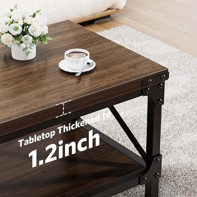 Rectangle Coffee Tables for Living Room, Wood Rectangular Coffee Table, 2 Tier Dark Brown Modern Center Table with Thickened Tabletop and Metal Frame, 47 inch Long (Walnut)