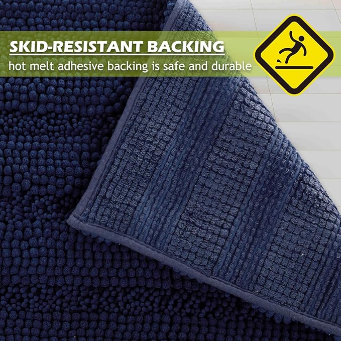 KGORGE Non-Slip Bathroom Rugs Set - Chenile Bath Mat Thick Shaggy Floor Cover Water Absorbent Quick Drying Shower Rug for Toilet Shower Kitchen, Navy Blue, 20" x 32" + 17" x 24", 2 Pcs