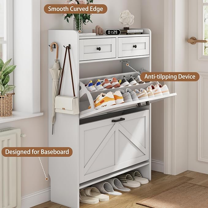 Shoe Cabinet with 2 Flip Drawers & 2 Top Drawers, 43" Tall Freestanding Narrow Wooden Shoe Storage Organizer for Entryway, Hidden Slim Shoe Rack for Front Door Entrance, Hallway, Living Room, White