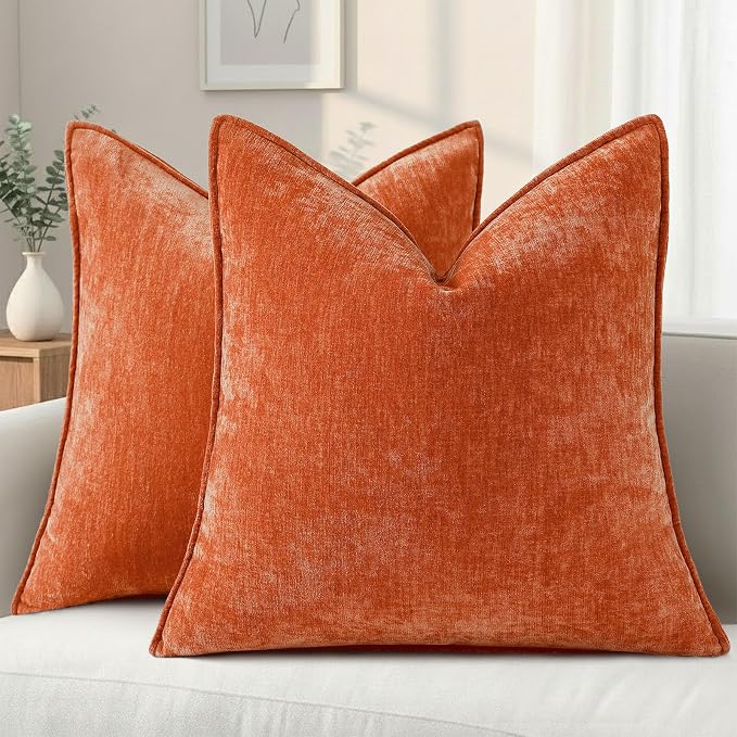 decorUhome Summer Couch Throw Pillow Covers 16x16 Set of 2, Decorative Soft Velvet Modern Cozy Chenille Pillow Cases with Elegant Design for Sofa Bed Living Room Home Decor, Rust