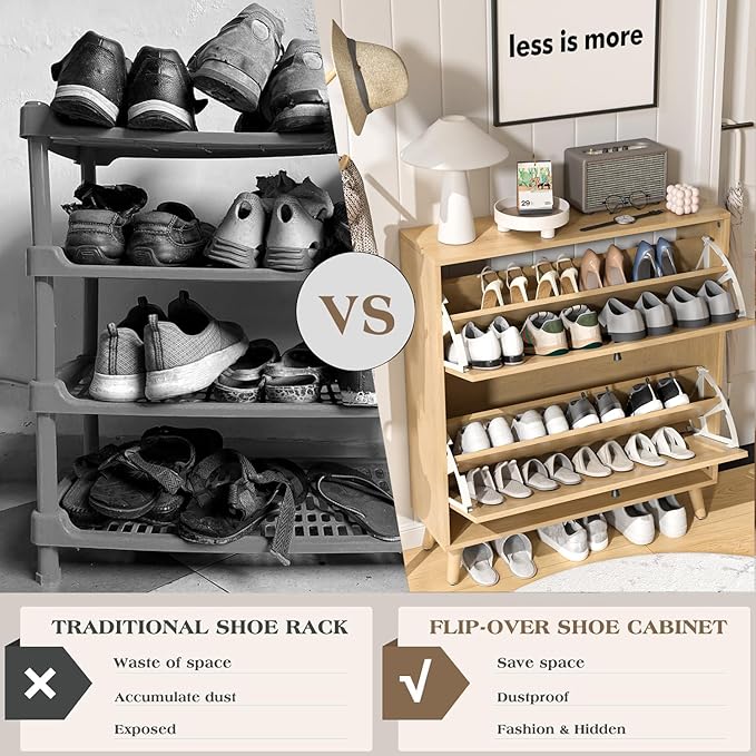 Fsbecl Shoe Storage Cabinet for Entryway with 2 Flip Drawers, Narrow Wood Shoe Cabinet with Fluted Panel, Freestanding Hidden Shoe Organizer for Foyer, Hallway (Wood Color)