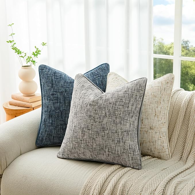a moment Grey Reversible Pillow Covers 2 Pack - Farmhouse Chenille Throw Pillows, Neutral Textured Decorative Throw Pillow Covers with Border for Couch Sofa Bed (18x18 Inch, No Insert)