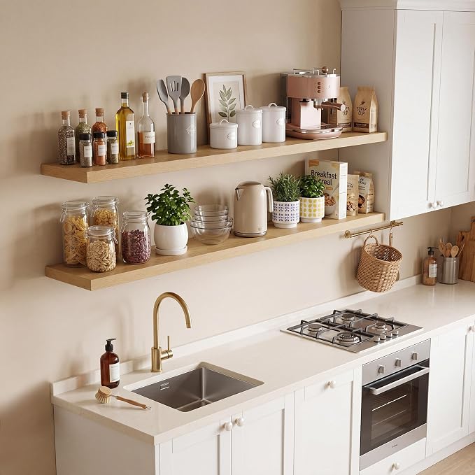 Vivelove 10" Deep Floating Shelves with Invisible Brackets, 40" Wall Shelves for Bathroom Bedroom Kitchen Living Room Laundry Room, Modern Rustic Shelves for Home Decor, 40"x10.2"x1.5", Set of 2, Oak